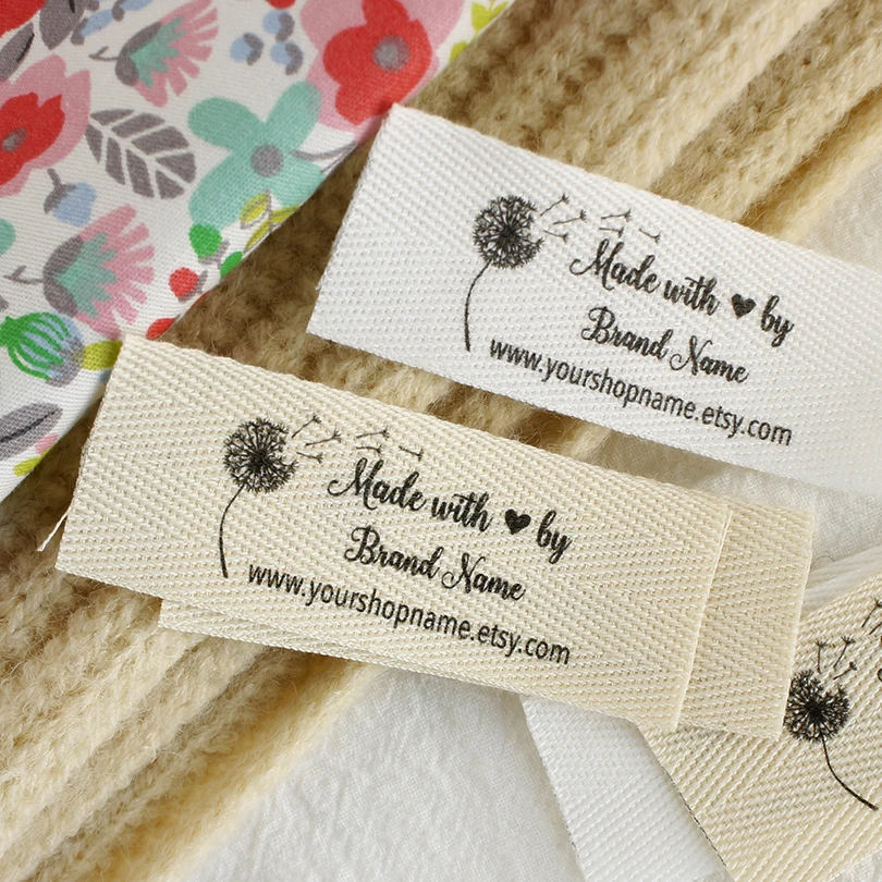 

Twill Labels, Logo Labels, Sew Accessori, Ribbon Label, Custom Fabric Label, Labels for Clothes, 25*70mm，Dandelion (xw3523)