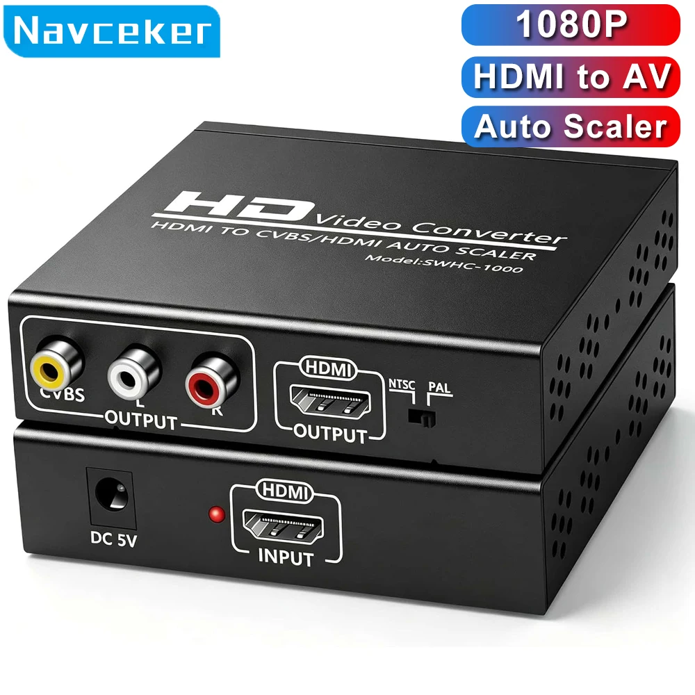 Navceker 1080P HDMI-compatible to RCA Converter AV/CVSB L/R Video Box HD 1920*1080 HDMI2AV Support NTSC PAL Output HDMI To AV
