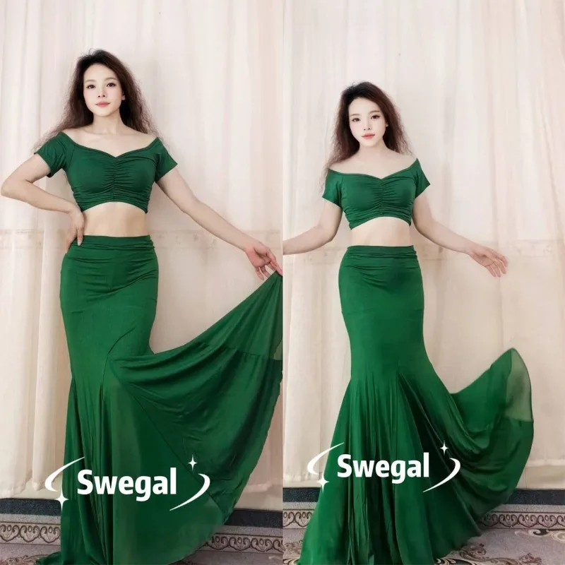 Customized Belly Dance Practice Dress with One Collar Short Sleeve and Insert Piece Non Split Large Swing Skirt Oriental Dance