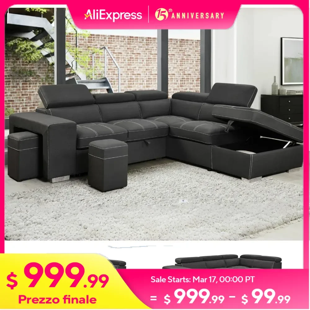 Microfiber Sectional Sleeper Sofa Couch Pull Out Bed with Right Facing Chaise, 5 Seats L Shaped Sectional Sofa Couch