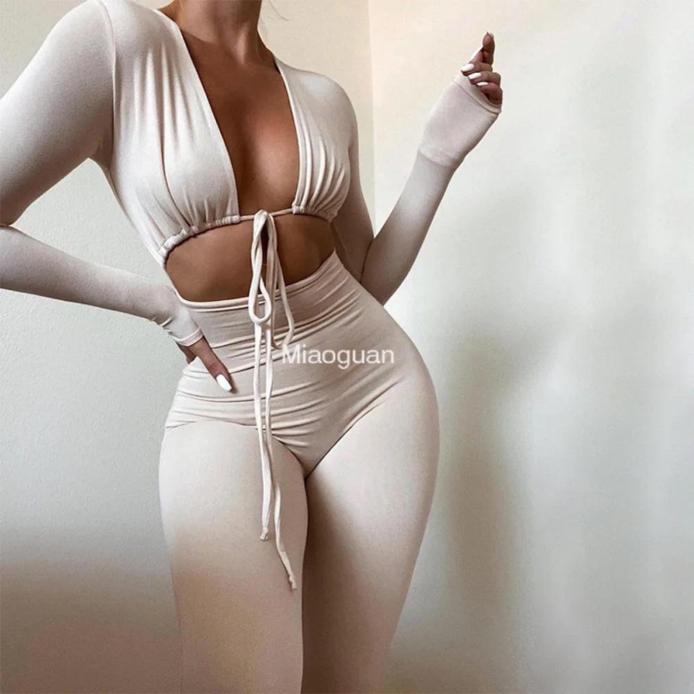 

Summer New Sexy Jumpsuit Women's V Neck Long Sleeve Female Bodycon Hollow Out Jogger Clubwear Body-shaping Jumpsuits White Black