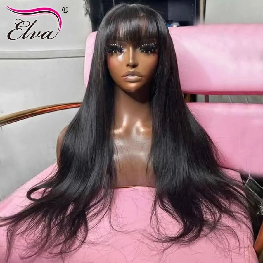 Elva الطبيعية الأسود بانج HD الدانتيل الجبهة الباروكات قبل قطعها مستقيم غلويليس HD الدانتيل إغلاق شعر مستعار ابيض عقدة HD الباروكات للنساء