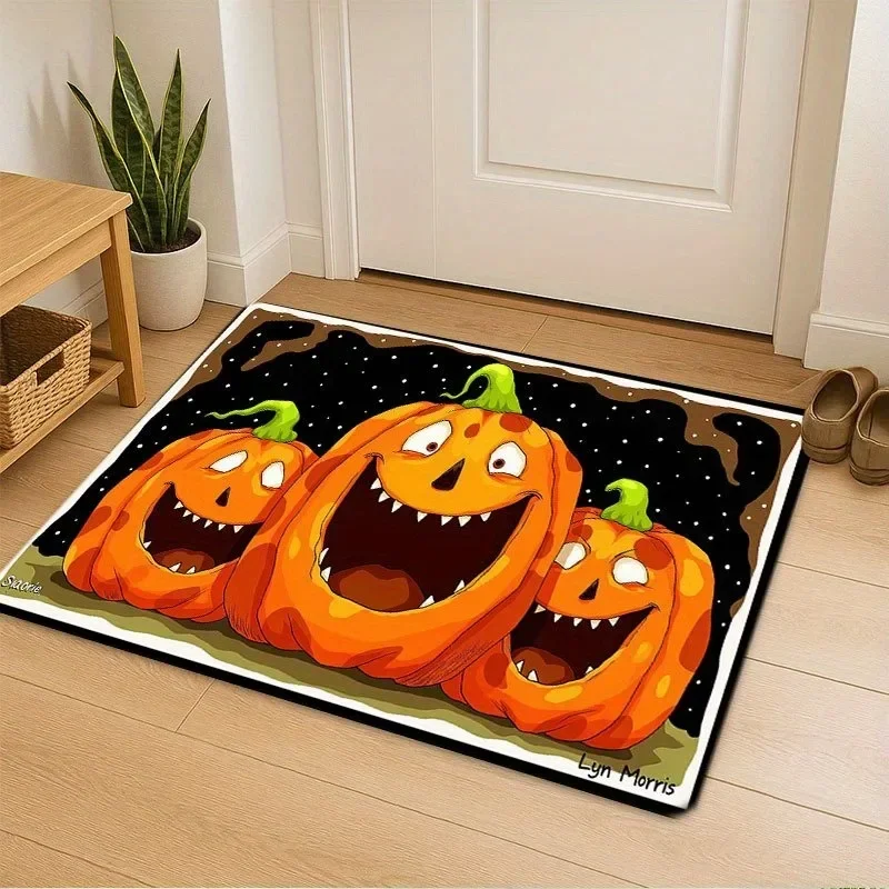 Halloween Pumpkin Bat Ghost Skeleton Thrilling Floor Mat Entrance Foyer Bathroom Absorbent Foot Door Mat Horror Skeleton