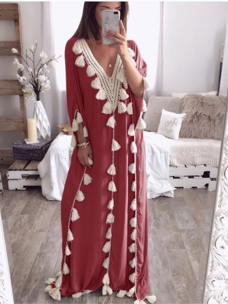 Sukienka damska z dekoltem w serek, rękawami do połowy, elegancka, jesienna, w jednolitym kolorze, koszula z frędzlami, luźna, w stylu boho, codzienna, łączona sukienka damska.