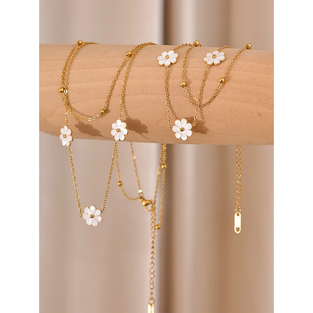 Yhpup Summer Imitation Shell Flower Double Layer Chain Necklace Anklet for Women Trendy Plant Charm Jewelry Bijoux Gift