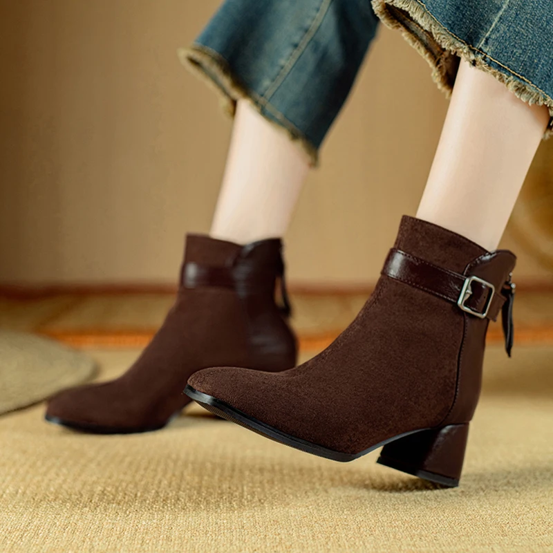 Kcenid Plus Size 32-43 Chunky Heel Ankle Boots For Women Fashion Square Button Decoration Autumn Winter Square Toe Riding Shoes