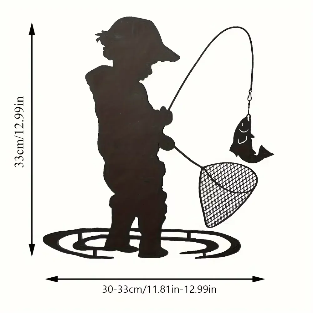 Metal boy fishing silhouette garden floor black outdoor courtyard art decoration lawn path backyard decoration