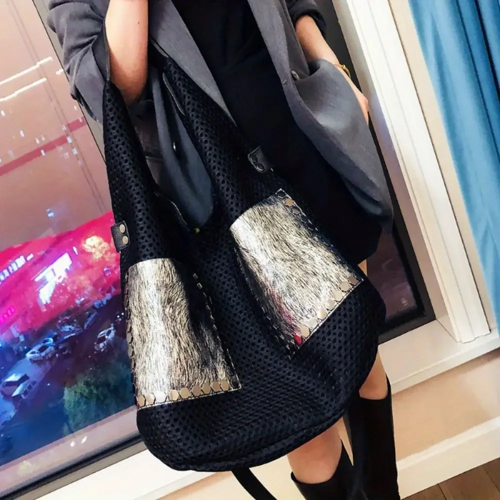 Women's fashionable retro mesh patchwork cowhide tote bag with large capacity single shoulder crossbody carrying bag