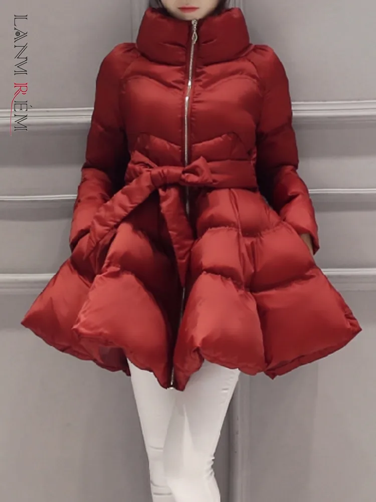 LANMREM Women's Winter Thick Cotton Jacket Medium Length Big Swing A-line High Neck Cotton Padded Coats With Belt 2DB1960