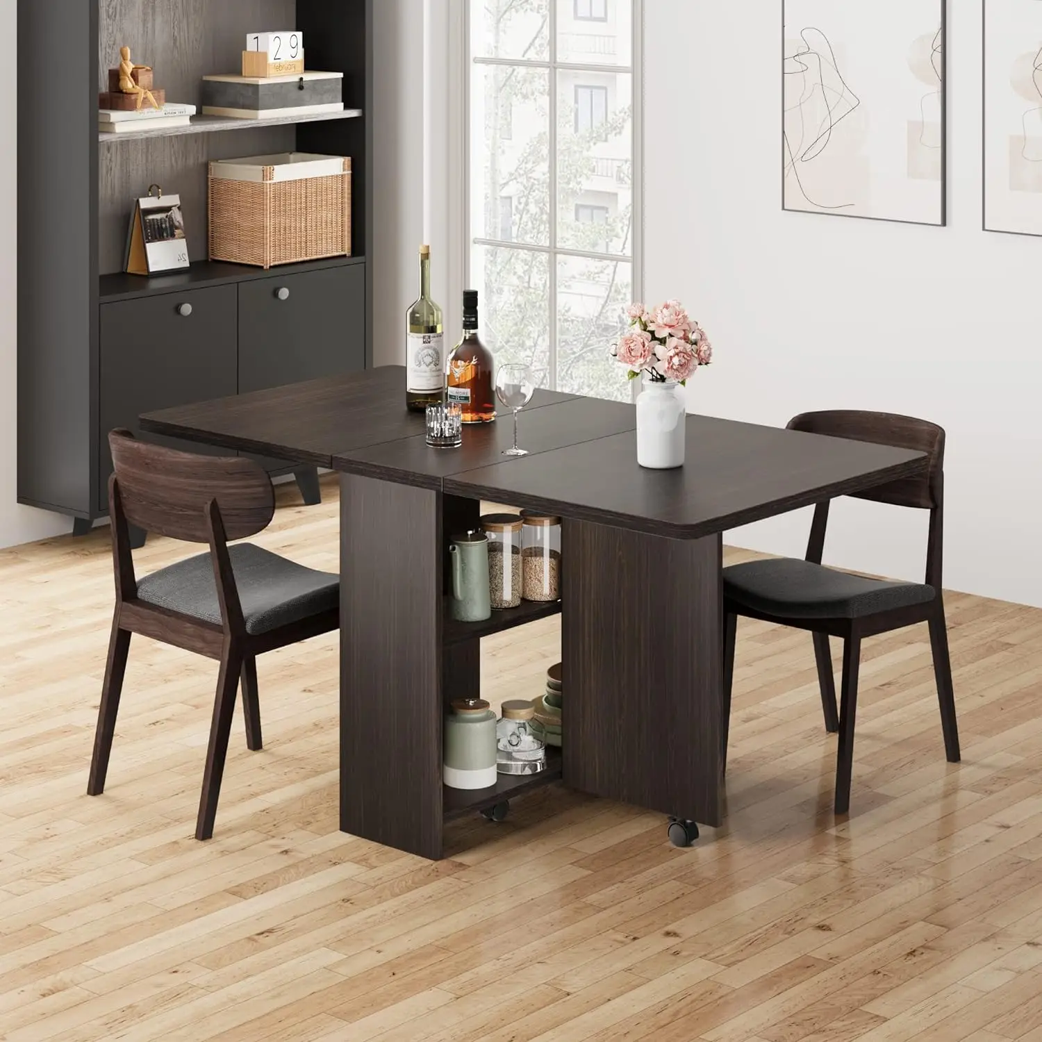 FoldingTable, Drop Leaf Dining Table with 6 Wheels and 2-Layer Storage Shelf, Space Saving Table for Small Spaces (Dark Walnut