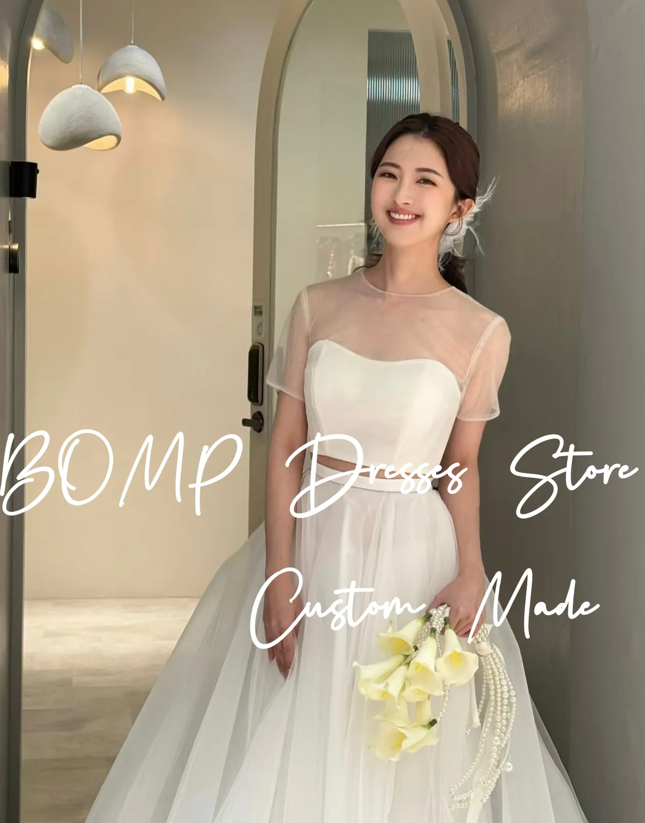 BOMP 우아한 2피스 웨딩 파티 드레스 O넥 짧은 소매 드레이프 화이트 튤 한국 사진 촬영 신부 리셉션 가운 맞춤 제작