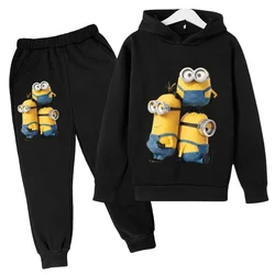 Kids Spring and Autumn Hoodie Set for Boys and Girls Aged 2-12, Casual Outdoor Sports Top+Pants Printed Cartoon Minions