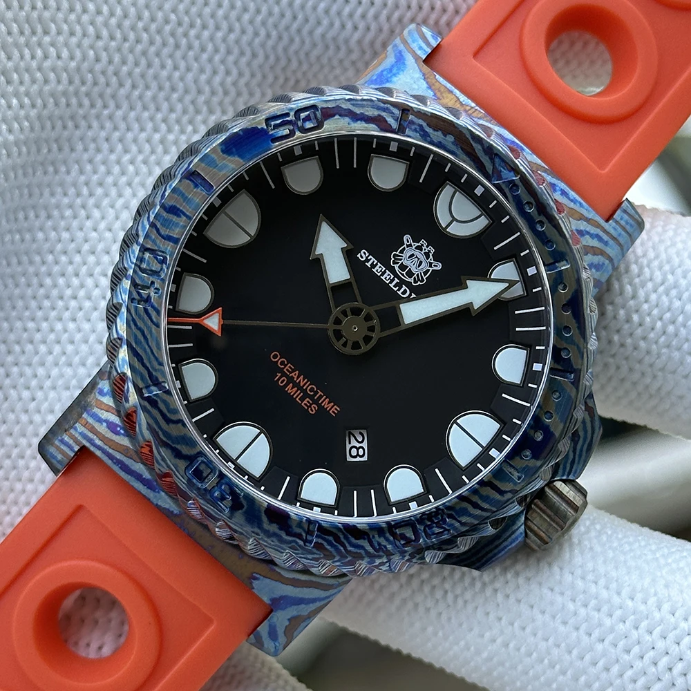STEELDIVE Men Automatic Watch 46.5mm Titanium Damascus Case Mechanical Wristwatch Deep Dive 1000ATM BGW-9 Luminous Sapphire NH35