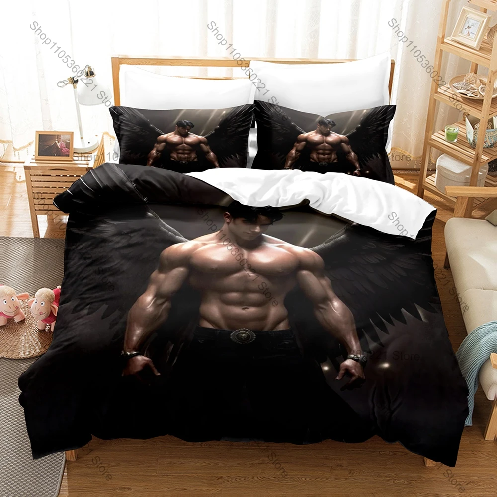 Fantasy Muscular Angel Man Bedding Set 3 Pieces Duvet Cover & Pillowcase Dark Angel Male Figure Pattern Bed Set for Teens Adults