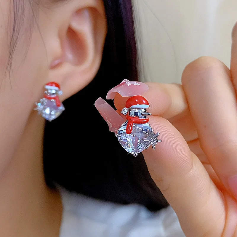 

Fine Gold Silver Crystal Snowman Stud Earrings For Women Christmas Party Jewelry Gifts Fashion Charm Small Stud Earring brincos