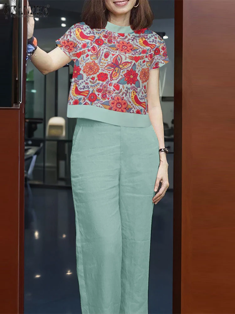 

Элегантный летний костюм ZANZEA из 2 предметов, топ с коротким рукавом и цветочным принтом, Однотонный женский праздничный костюм, повседневные брючные комплекты