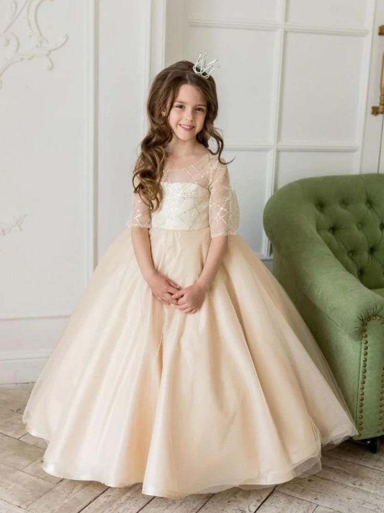 

Champagne Flower Girl Dresses Tulle Satin Puffy With Big Bow Half Sleeve For Wedding Birthday Party Banquet Princess Gowns