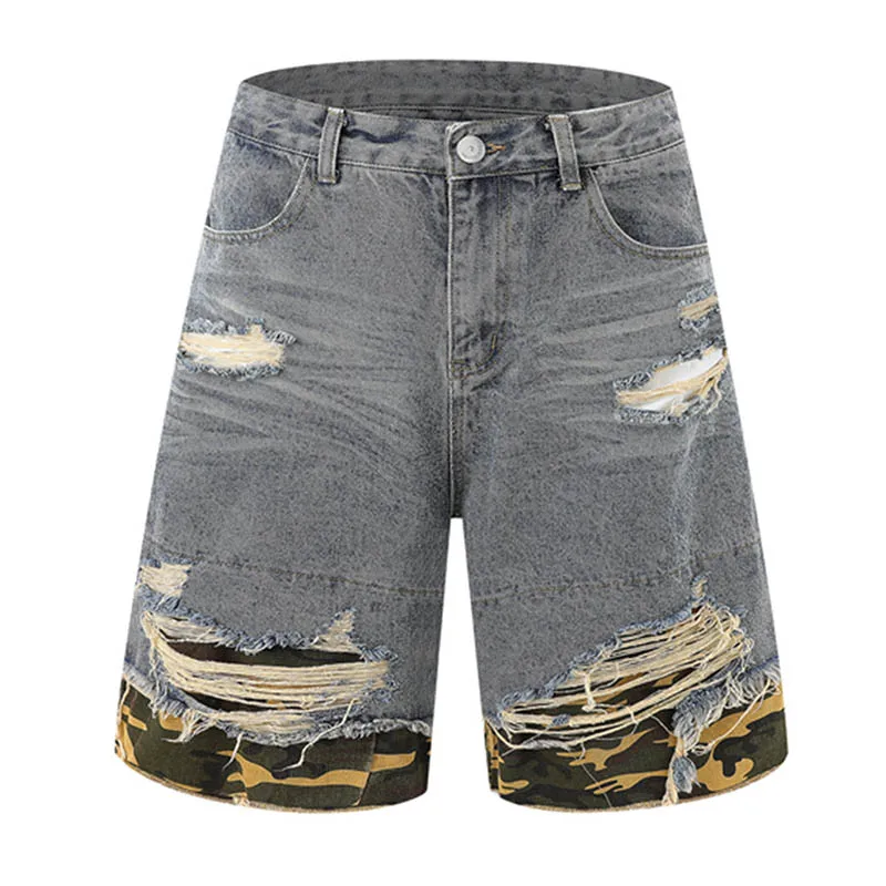 

Hip Hop Vintage Ripped Jeans Shorts Streetwear Camouflage Washed Denim Short For Male Striaight