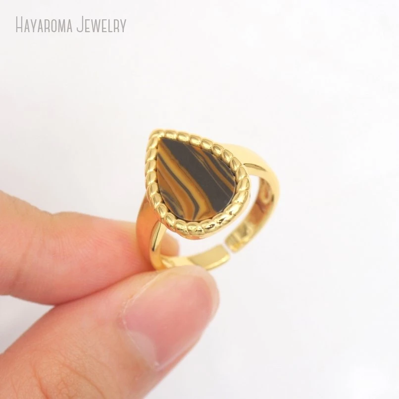 10Pcs Metal Stone Tiger Eye Copper Water Drop Shape Teardrop Gold Color Wholesale Ring RM50762