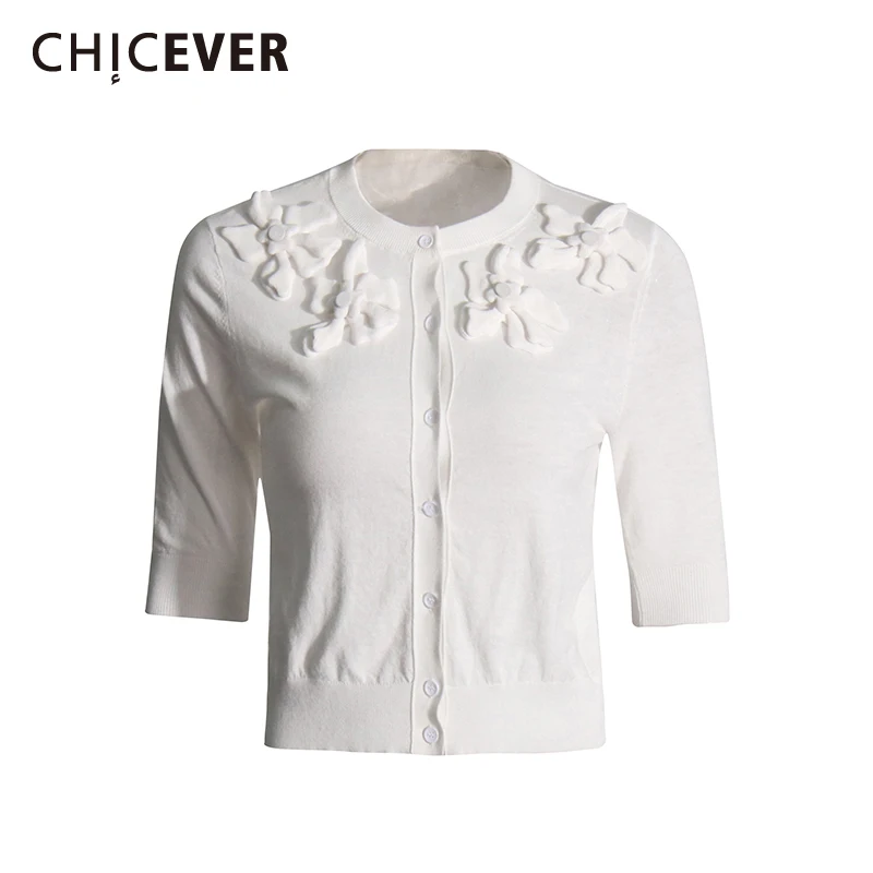 

CHICEVER Solid Slimming Spliced 3D Flower Cardigan for Women Round Neck Long Sleeves Patchwork Single Breasted Top Female New