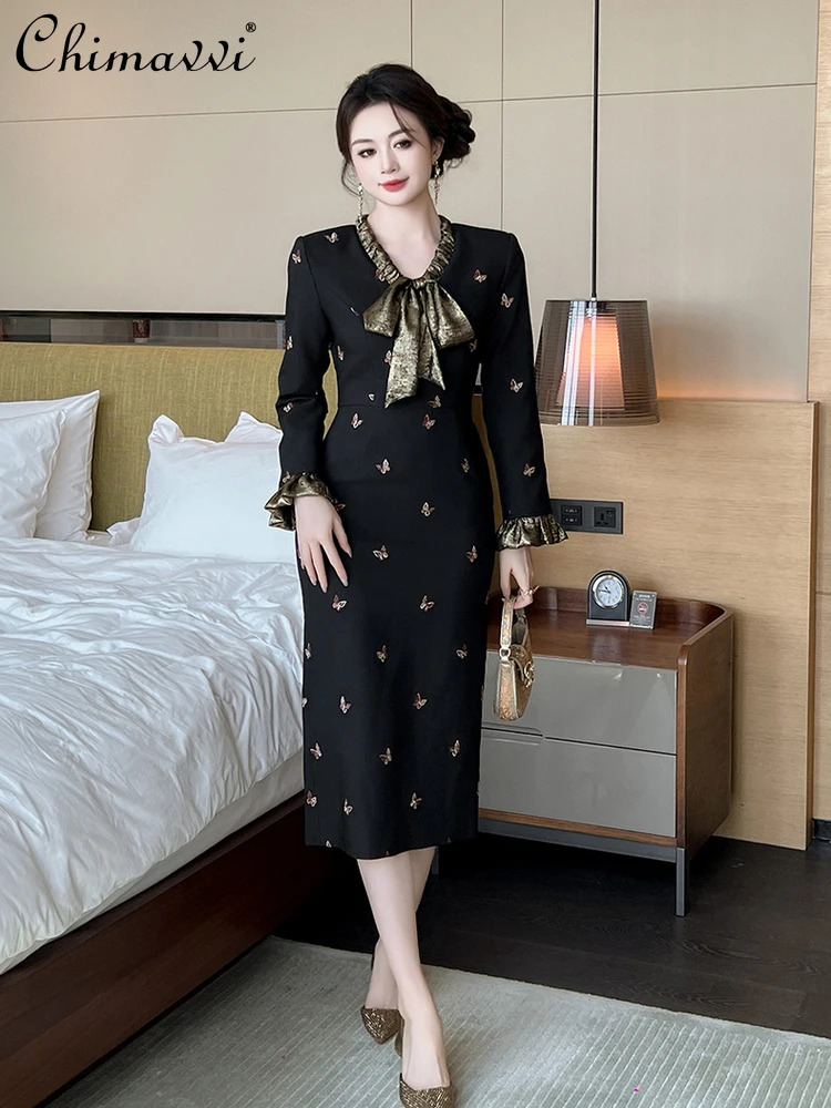 

French Elegant Socialite Party Dresses Lace-up Bow Long Sleeve Butterfly Embroidery High Waist Bodycon Long Dress Women Autumn