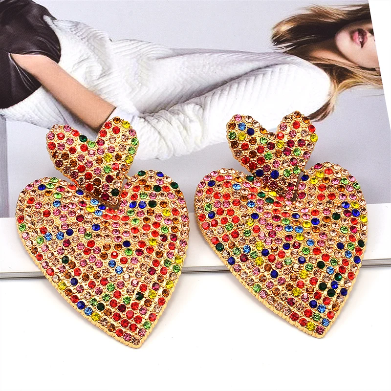 Hot Fashion Love Heart Shape Rhinestone Drop Earrings For Women Vintage Statement Crystal Dangle Earring Jewelry Gift