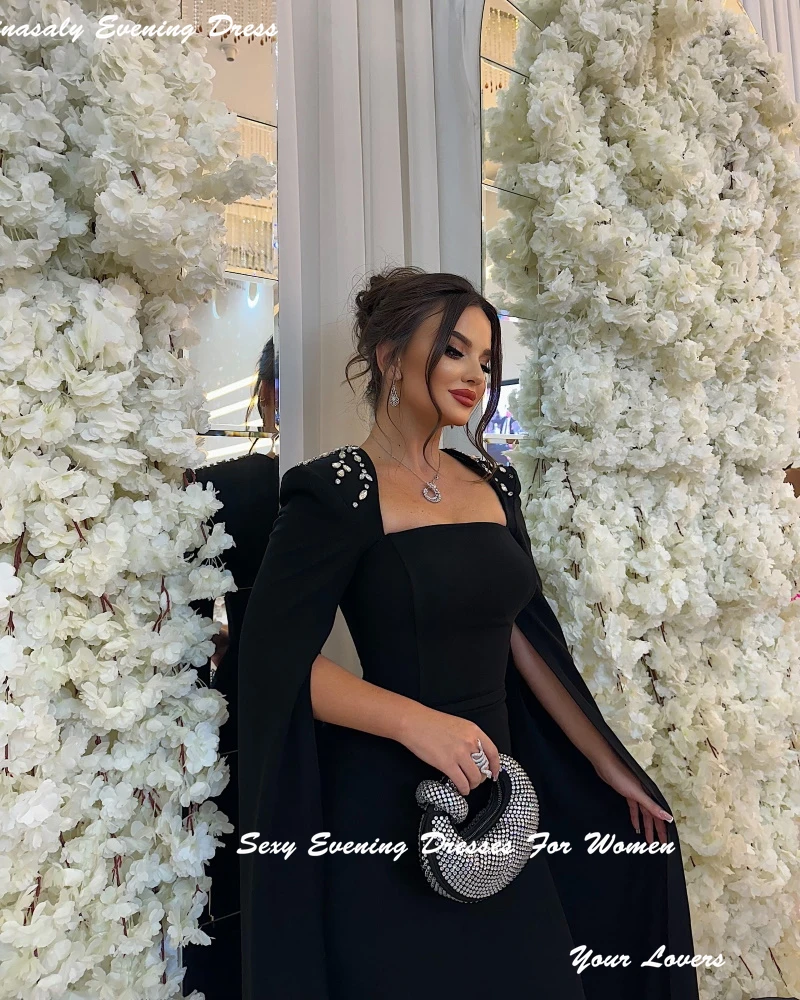 Robes de bal personnalisées en crêpe noire pour femmes, luxueuses robes formelles en cristal, robes de Cocktail avec châle