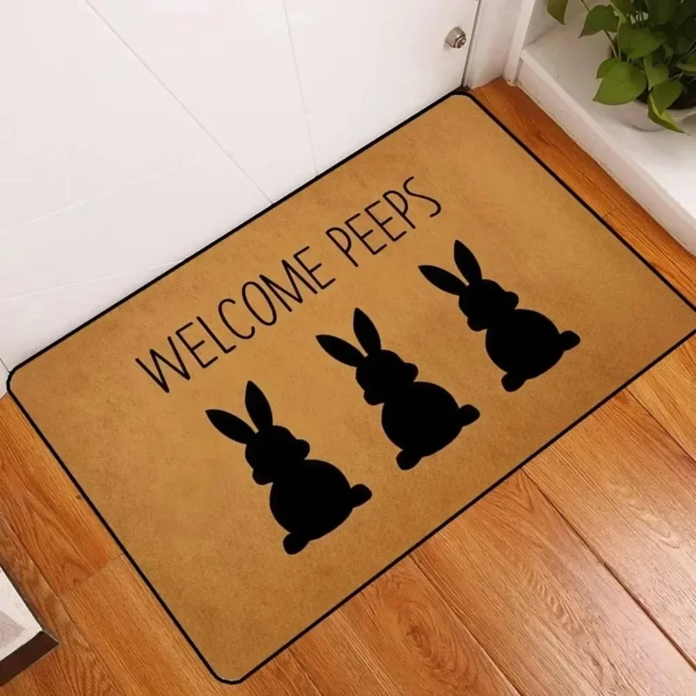 Easter Rabbits Decorative Doormat Front Door Mat Welcome Peeps Seasonal Spring Easter Holiday Low-Profile Floor Mat Switch Mat