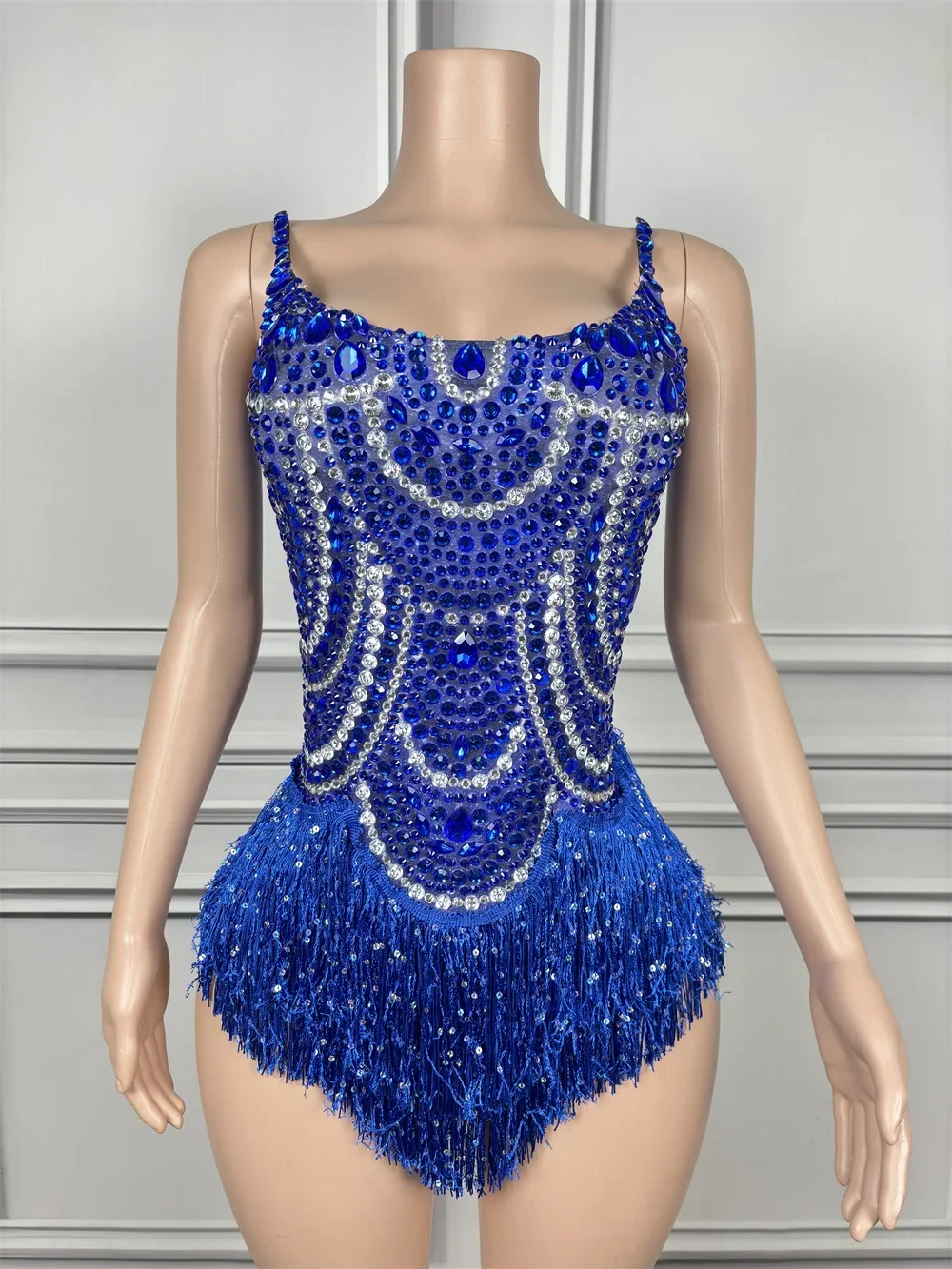 Sexy Mesh Performance Dance Costume New Fashion Sparkly Rhinestones Tassel Bodysuit Women Nightclub Outfit Singer Show Wear