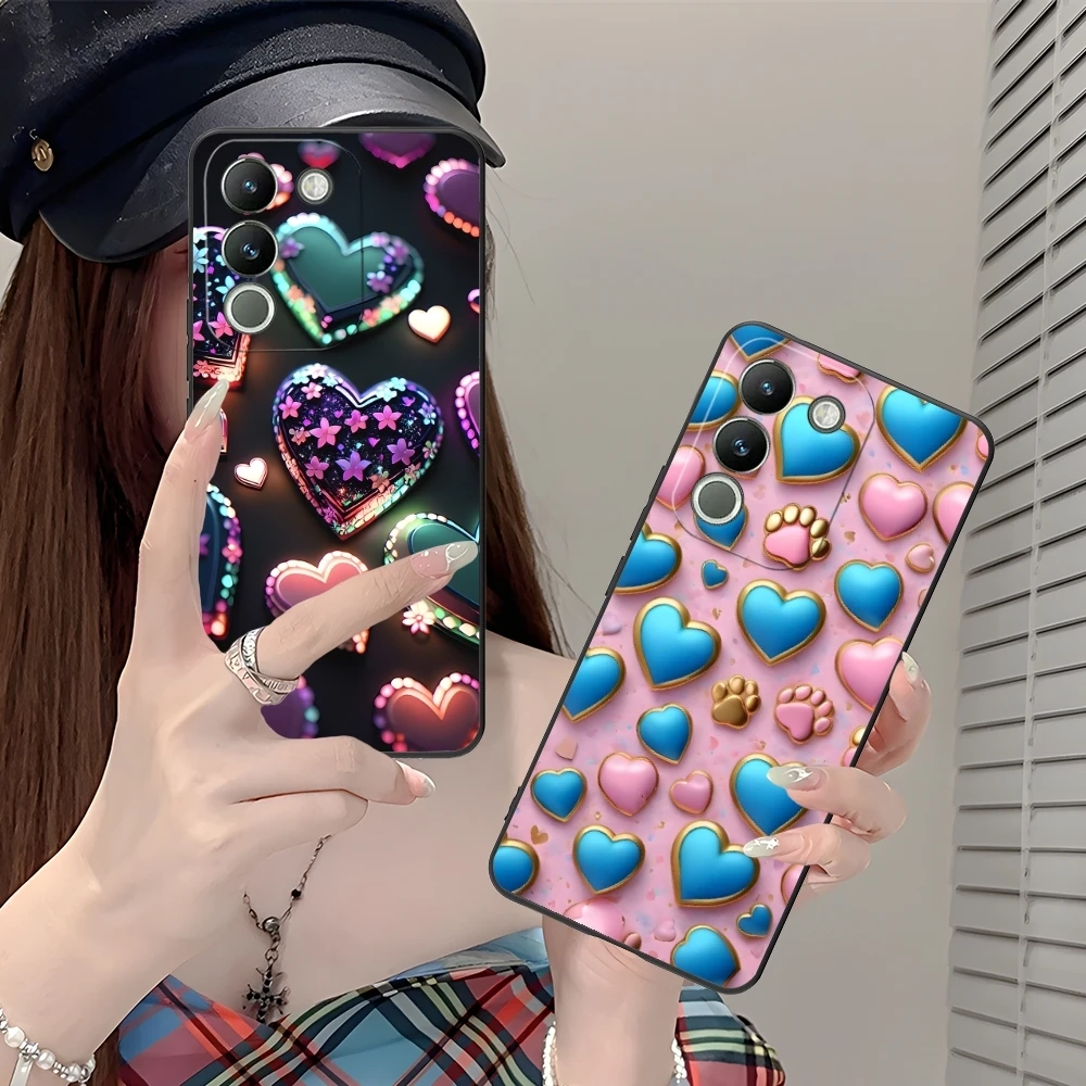 Y2K Glowing Love Hearts Mobile Phone Case for VIVO Y95 Y93 Y31 Y20 V19 V17 V15 Pro X60 NEX Black Soft Phone Cover Shell