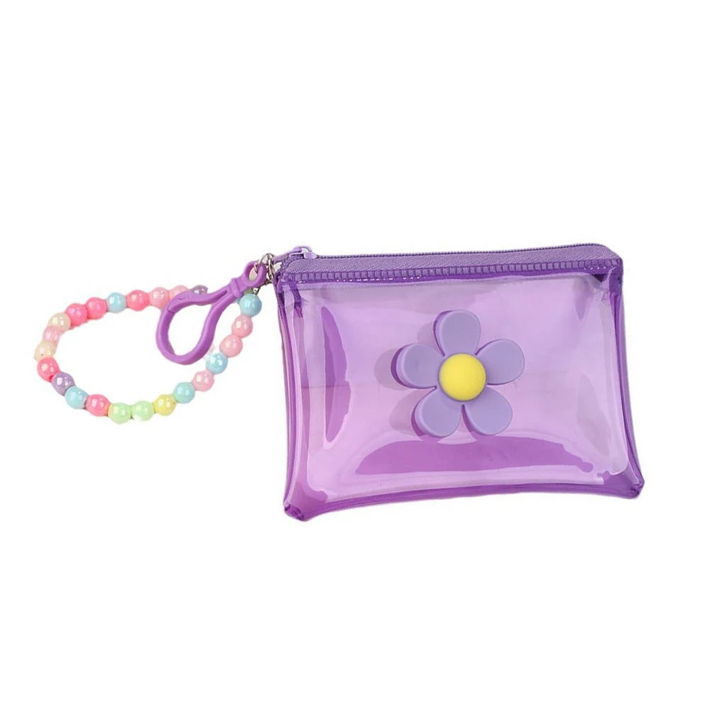 Portafoglio trasparente Porta carte cosmetiche da donna Cerniera portatile in PVC con catena di perline colorate Portafoglio multifunzione con fiore