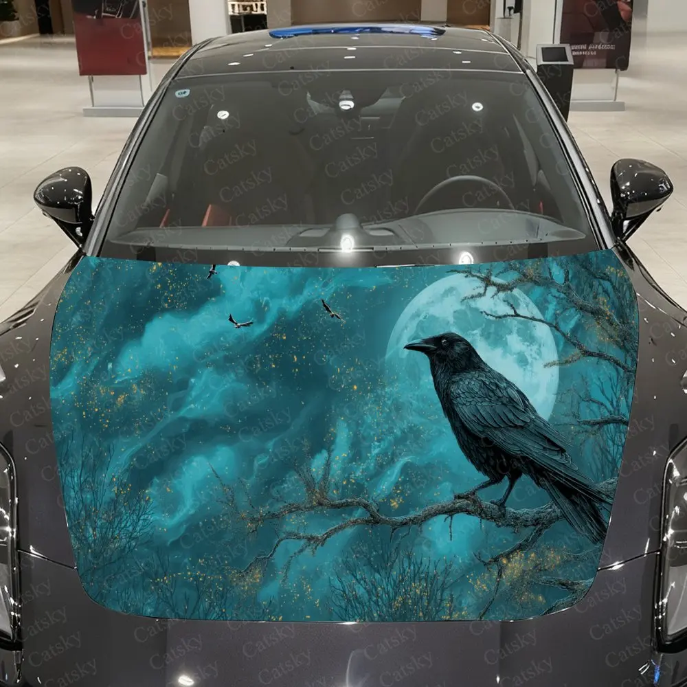 Teal Moon Perched Raven Car Vinyl Wrap, PVC Material Waterproof Car Hood Sticker, Self-Adhesive Scratch-Resistant Stickers