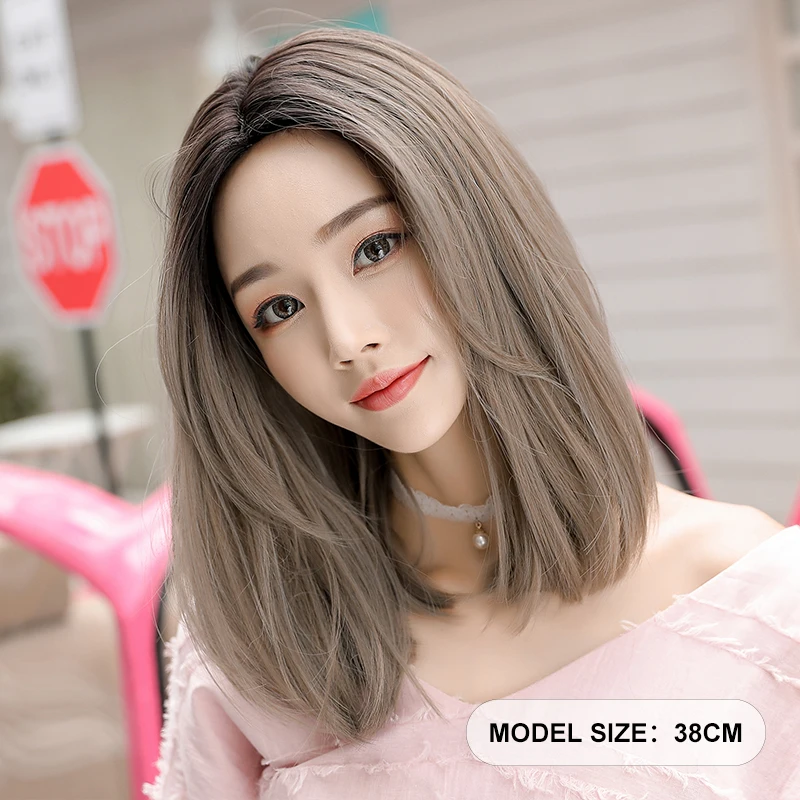 7JHH WIGS Short Straight Layered Bob Wig for Women Daily High Density Synthetic Middle Part Light Brown Hair Wig with Dark Roots