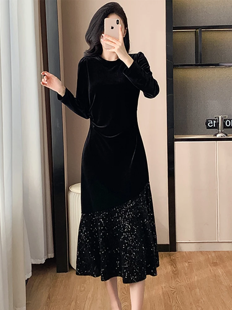 bla-velvet-dr-sparkling-waist-cinched-fi-tail-long-dr-autumn-winter-high-end-feelings-splice-slimming-folded-skirt