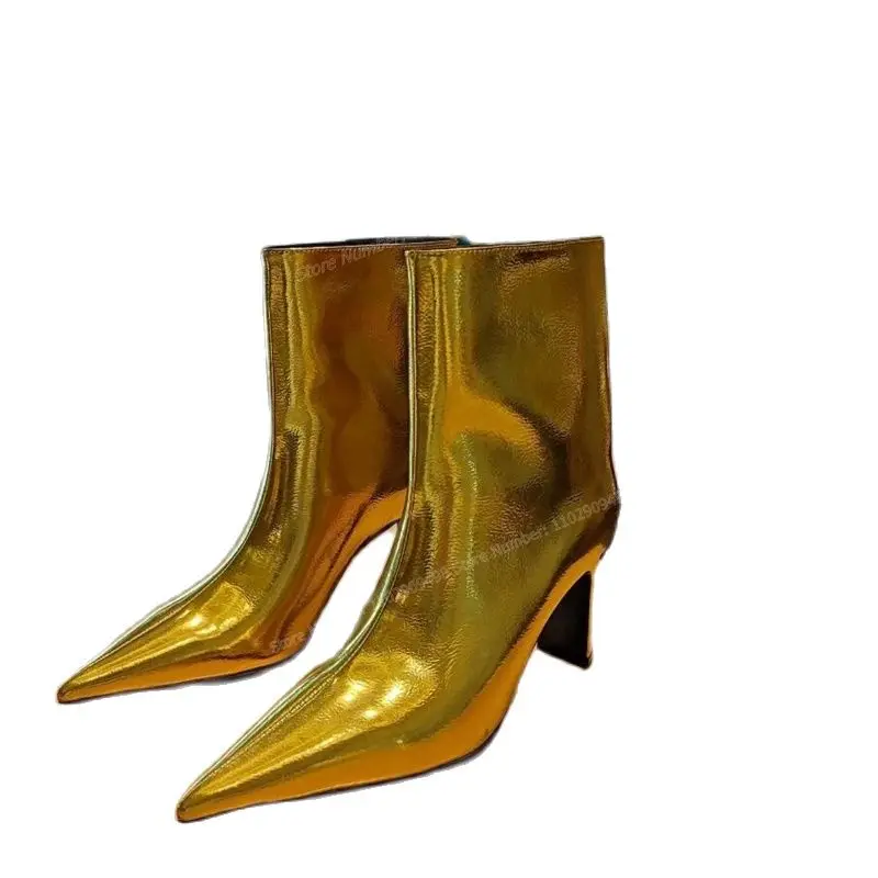 

Golden Patent Leather Ankle Boots Solid Color Pointed Toe Shoes for Women Strange Style Heels Shoes 2023 Zapatos Para Mujere