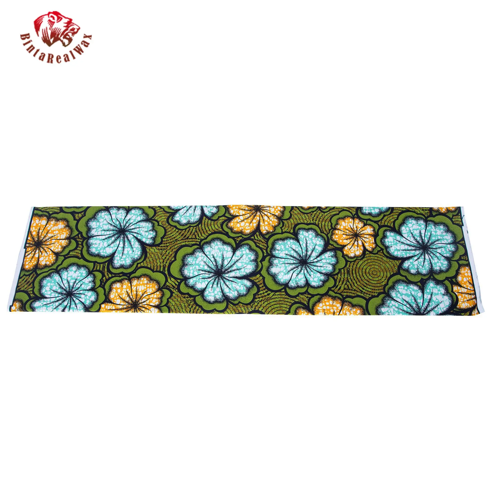 African Wax Print Fabric, Green Background with Blue Yellow Floral Patterns, 100% Cotton Ankara Fabric for Dress Making 24FS1630 view 3