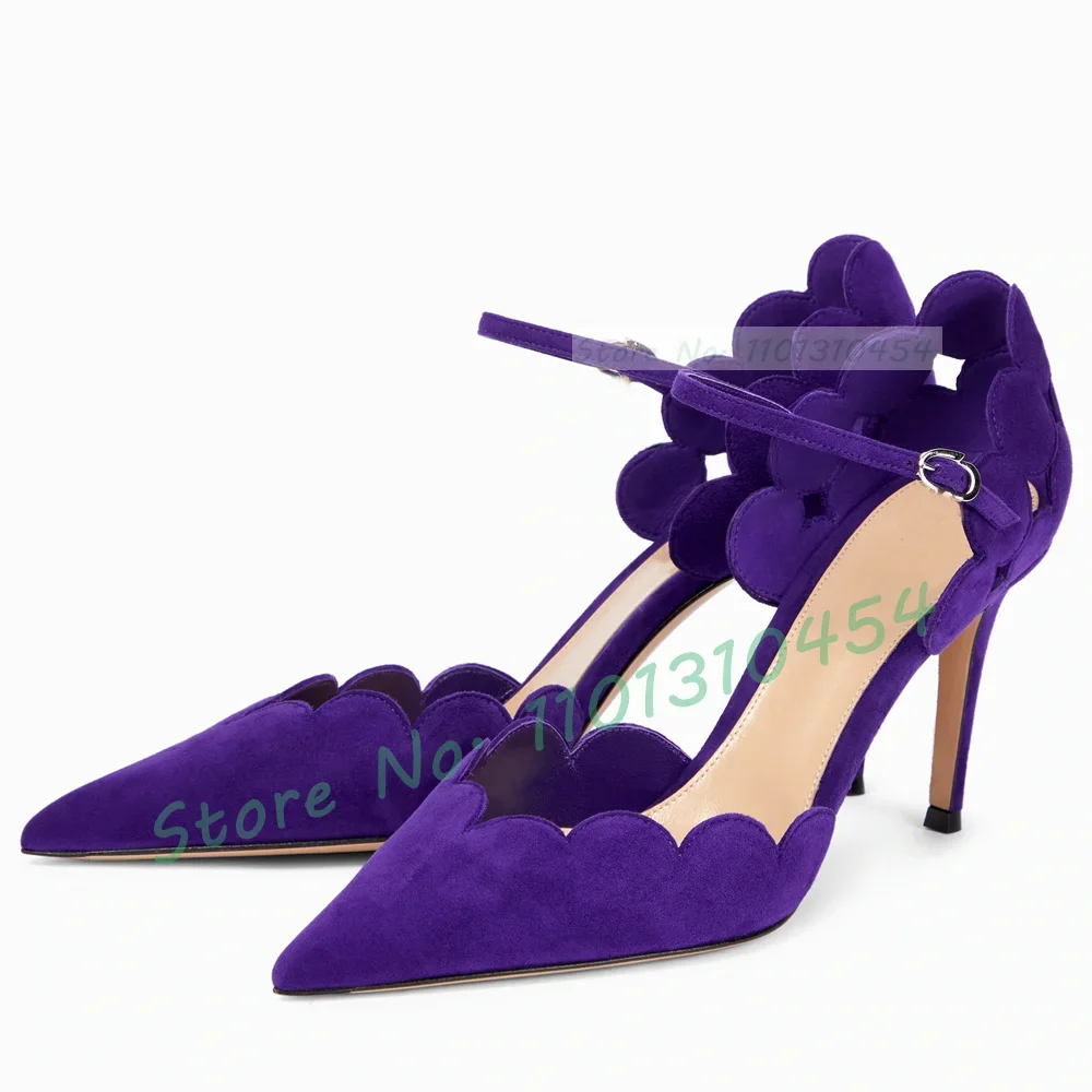 Sandali con tacco alto smerlati viola Sandali da donna di lusso con cinturino frontale in pelle scamosciata Scarpe a punta da donna Sandali eleganti concisi tutti abbinati