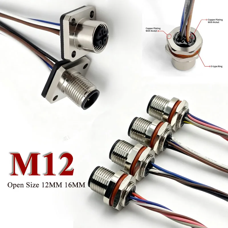 M12 8pin Scoket Cable 4pin 5pin A-type Male Female Aviation Plug with Wire Waterproof Open Size 12MM 16MM Connector Cable