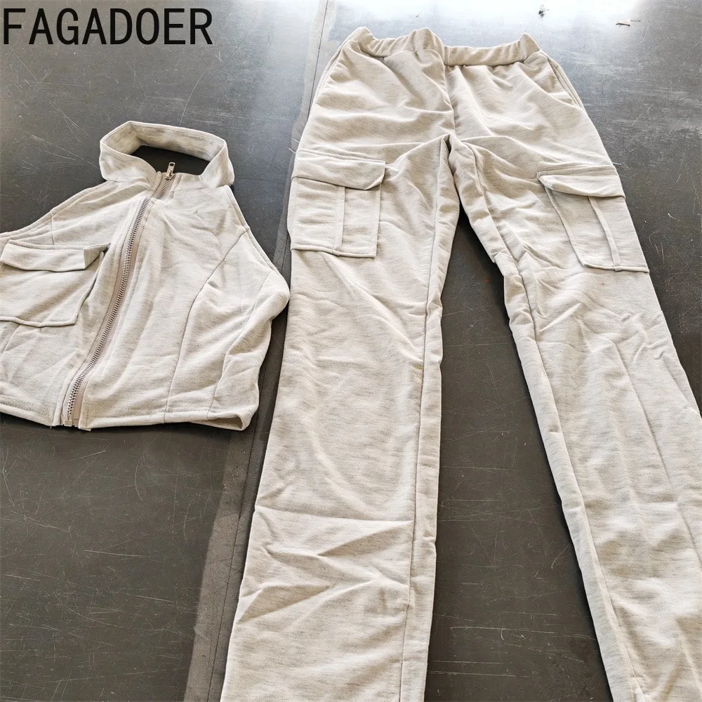 FAGADOER Casual Solid Color Pocket Sporty Jogger Pants Two Piece Sets Women Zipper Sleeveless Crop Top + Skinny Pants Tracksuits
