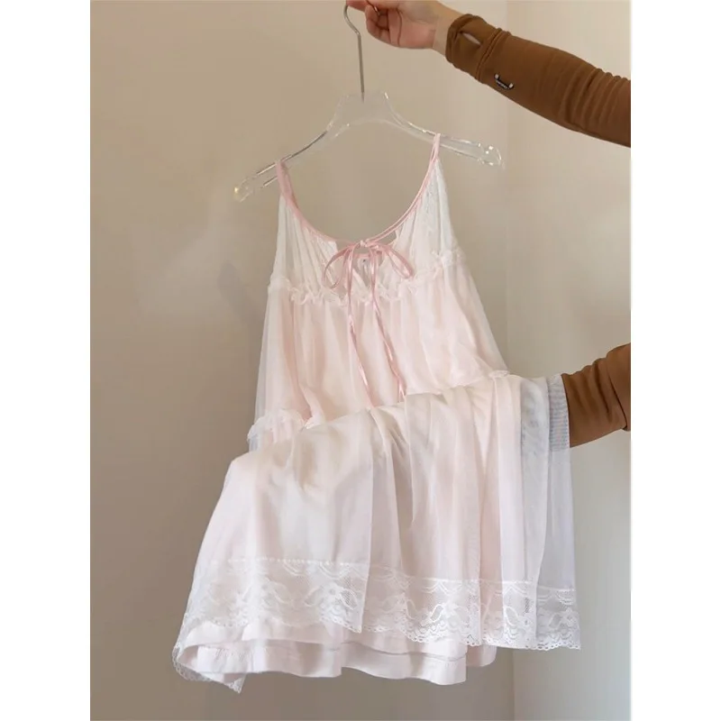 Sweet Wind Lace Splicing V-neck Suspender Nightdress Women's Summer 2026 New Skin-friendly Girl Style Home Dress