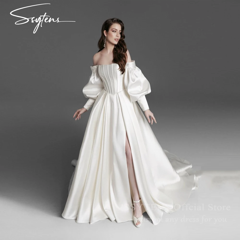 

SSYTENS High Quality Wedding Dresses White Satin Slit Vestidos Bride Gowns Long Sleeves Lace Up Back Robe Mariage Civile Mariée