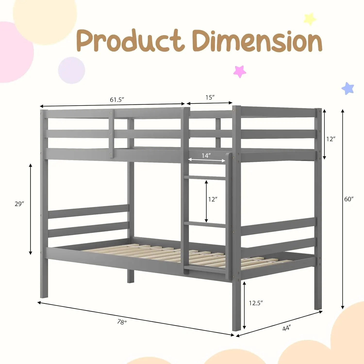 Wood Bunk Bed Twin Over Twin, Bunk Bed with Ladder & Safety Guardrail, Solid Wood Bed Frame, Ideal for Dormitory & Multi