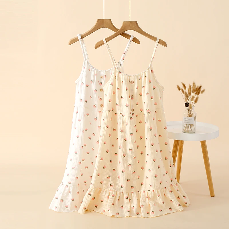 

2024 new summer women's suspender dress 100% cotton crepe nightdress comfortable home dress lovely flower loose skirt dress