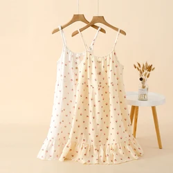 2024 new summer women's suspender dress 100% cotton crepe nightdress comfortable home dress lovely flower loose skirt dress