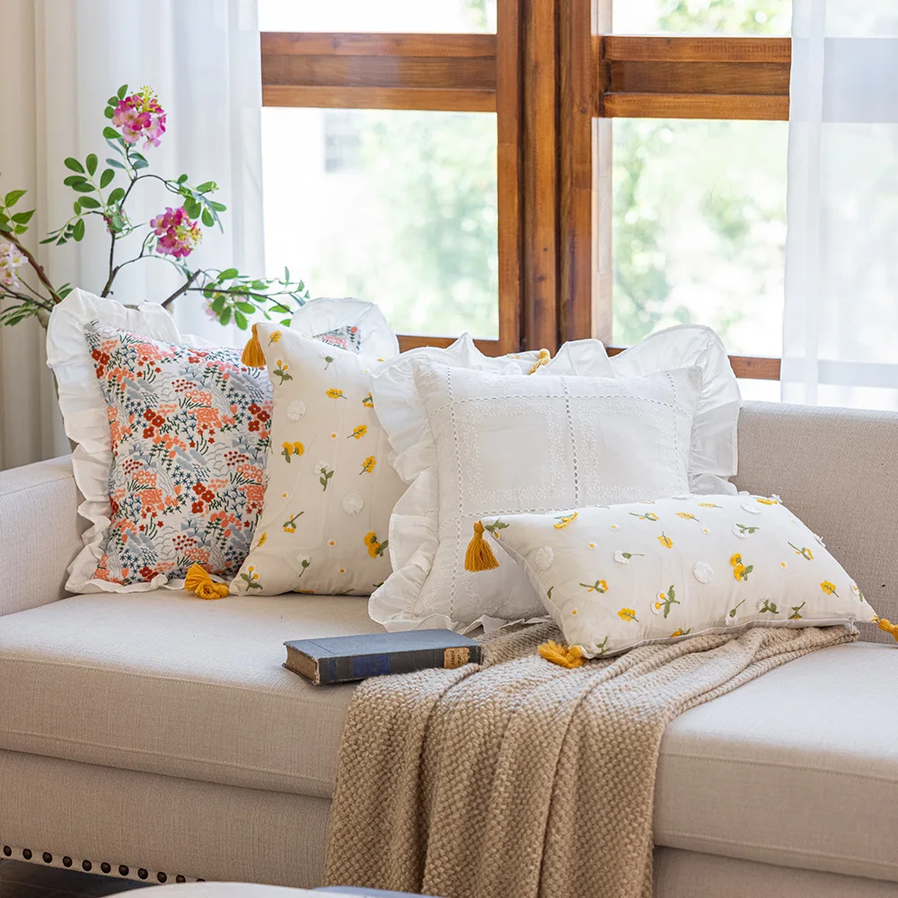 Korean-Style Floral Embroidered Ruffles Pillowcase Pure Cotton White Cushion Cover Sofa Orange Flowers Pillow Cover Backrest