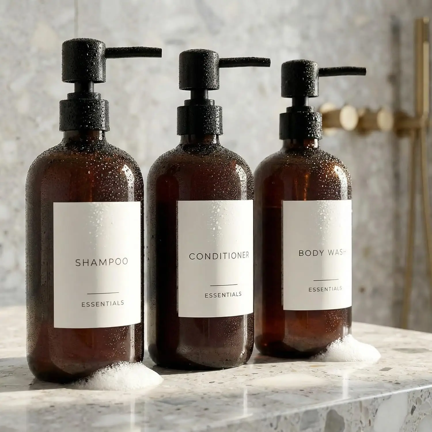 

Shampoo and Conditioner Dispenser Set of 3, 21oz Refillable PET Bottles with Pump & Labels for Shower Organizer, Modern Bathroom