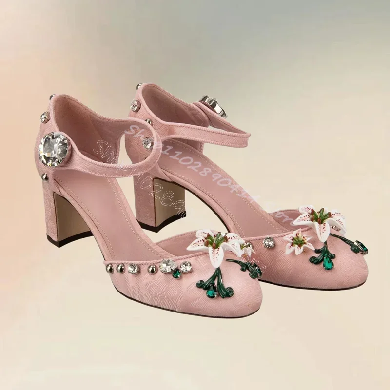 

Crystal Appliques Decor Pink Round Toe Pumps Hook and Loop Fastener Women Shoes Chunky High Heels Party 2024 Zapatos Para Mujere