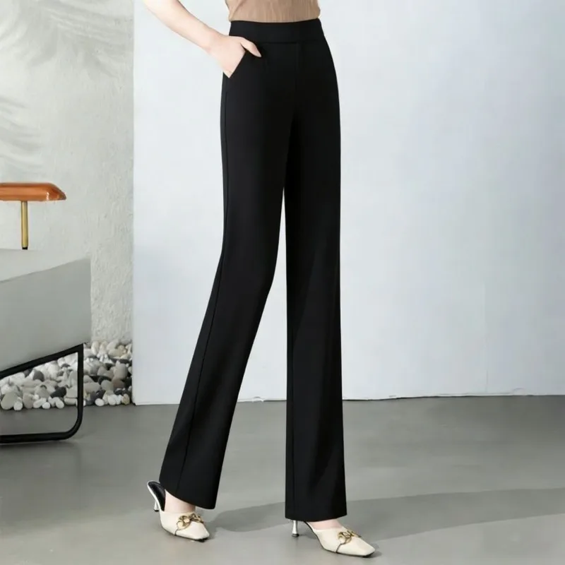 Womens Elastic Waist Straight Leg Dress Pants Side Pocket Slim Fit Business Casual Trousers