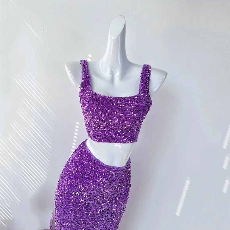 Sexy luxury sequins short vest top split half skirt set of two pieces 2024 New