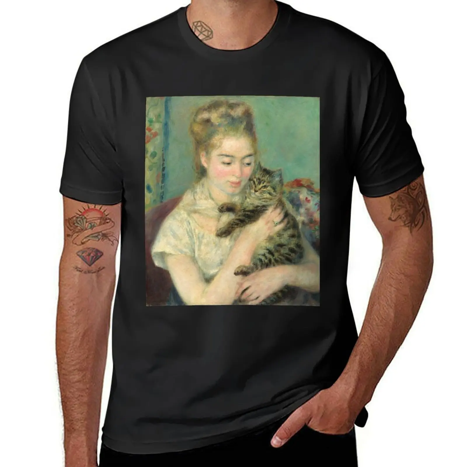 

Auguste Renoir, Woman with a Cat, 1875 Painting T-Shirt quick-drying funny shirt cotton summer shirt mens t shirts